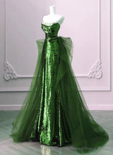 A-line Green Sequins and Tulle Long Prom Dress Green Evening Dress Formal Dress